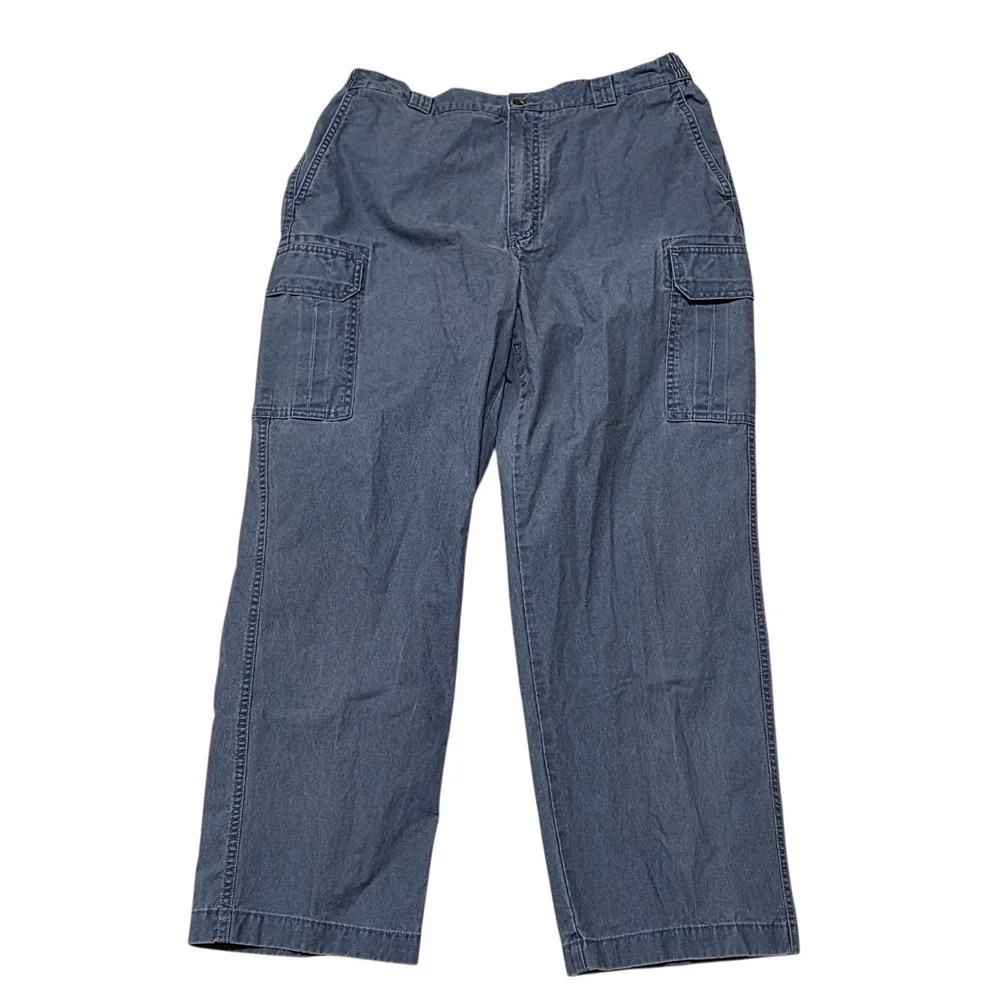 LL Bean Comfort Waist Cargo Pants Mens 38x30 Blue 100% Cotton Elastic Side